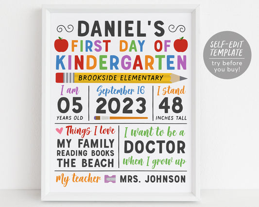 First Or Last Day Of Kindergarten Sign Editable Template, Back to School Photo Picture Prop Printable, 1st Day Of Preschool Pre-K Poster