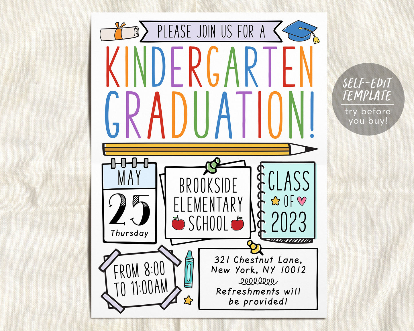 Kindergarten Graduation Invitation Flyer Editable Template, Preschool Class Graduation Announcement, Graduation Ceremony Invite Evite