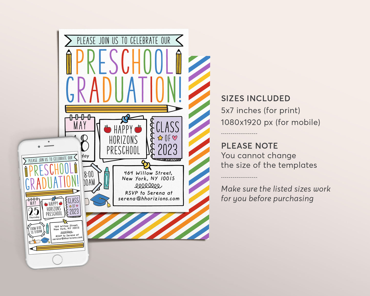 Preschool Graduation Invitation Editable Template, Pre-K Kindergarten Class Graduation Announcement, Graduation Ceremony Invite Evite