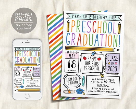 Preschool Graduation Invitation Editable Template, Pre-K Kindergarten Class Graduation Announcement, Graduation Ceremony Invite Evite