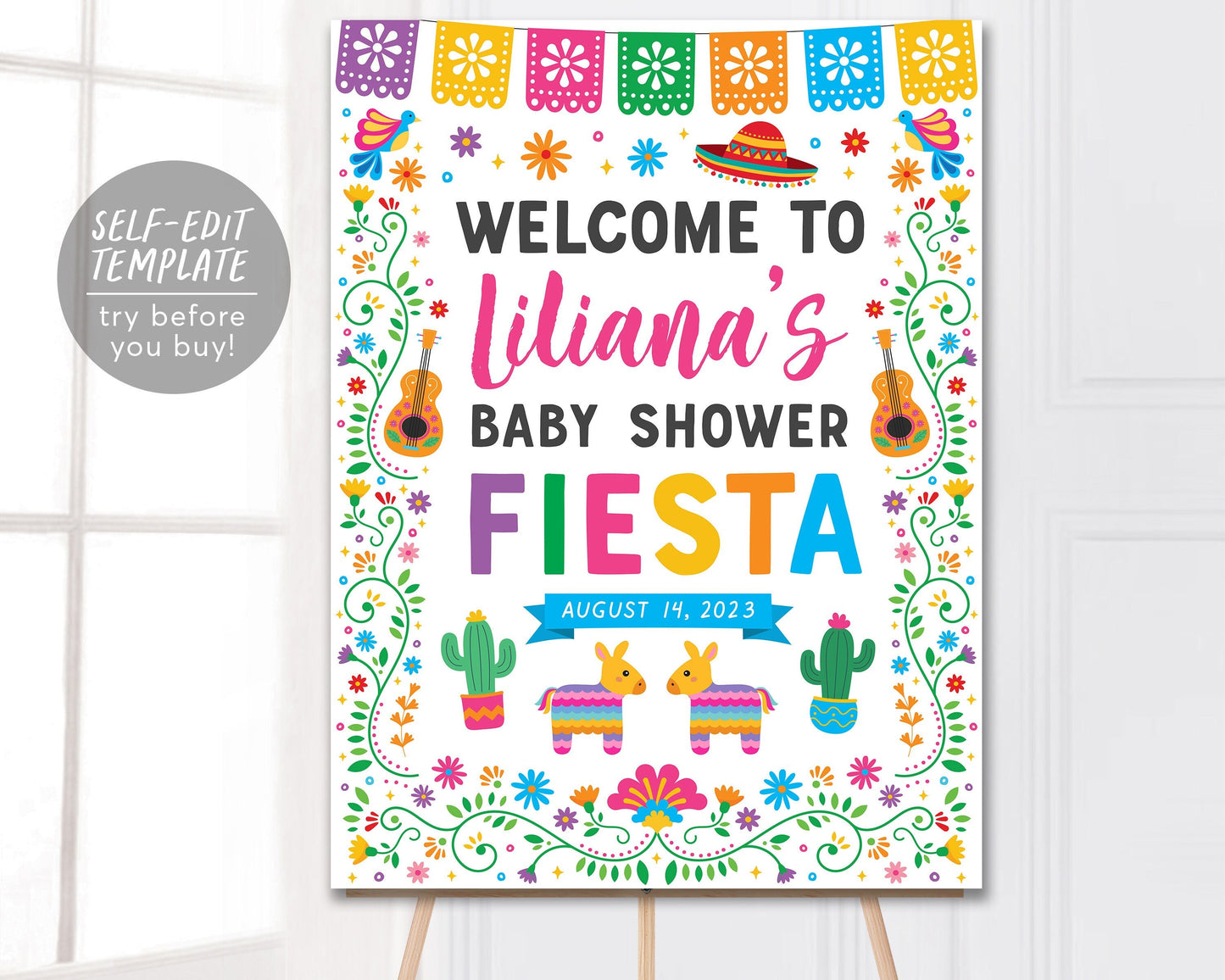 Fiesta Baby Shower Welcome Sign Editable Template, Mexican Theme Sprinkle Coed Couples Shower Poster, Cactus Succulent Piñata Signage