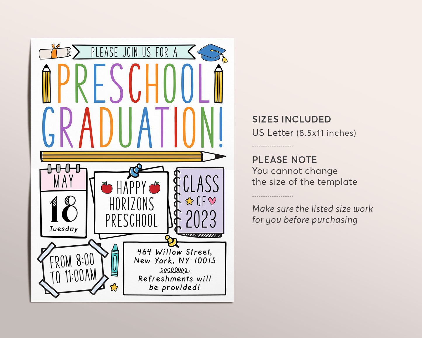 Preschool Graduation Invitation Flyer Editable Template, Pre-K Kindergarten Class Graduation Announcement, Graduation Ceremony Invite Evite