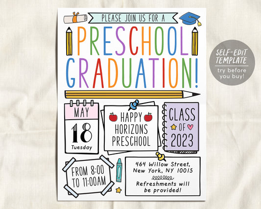 Preschool Graduation Invitation Flyer Editable Template, Pre-K Kindergarten Class Graduation Announcement, Graduation Ceremony Invite Evite