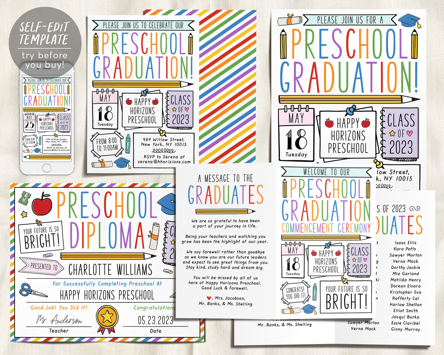 Preschool Graduation Ceremony BUNDLE Editable Template, Pre-K Kindergarten Class Graduation Certificate, Graduation Invitation Invite Evite