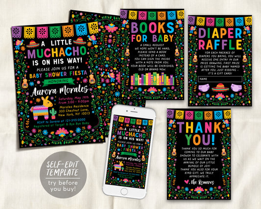 Fiesta Baby Shower BUNDLE Invitation Suite Set Editable Template, Muchacho Muchacha Mexican Theme Books For Baby Diaper Raffle Thank You