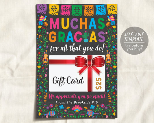 Fiesta Cinco De Mayo Gift Card Holder Editable Template, Mexican Themed Nurse Staff Teacher Muchas Gracias Appreciation Gift Thank You