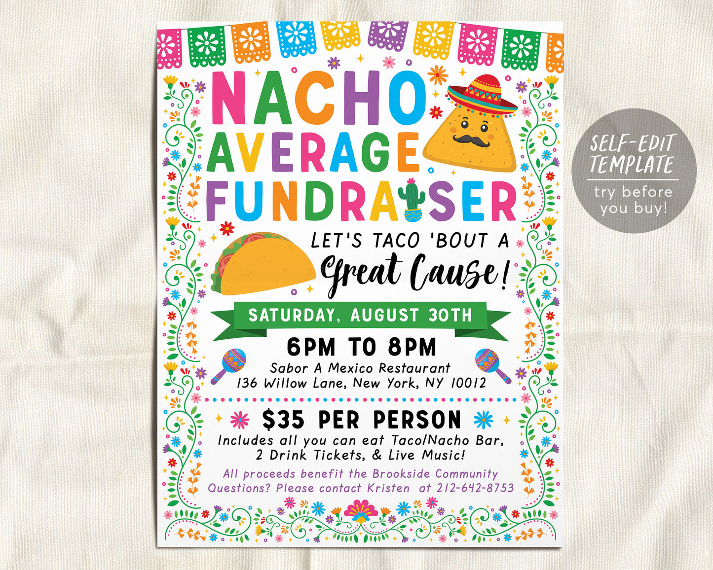 Fiesta Mexican Fundraiser Flyer Editable Template, Taco Nacho Average Dinner Flyer Charity, Church Community PTO PTA School Benefit Event