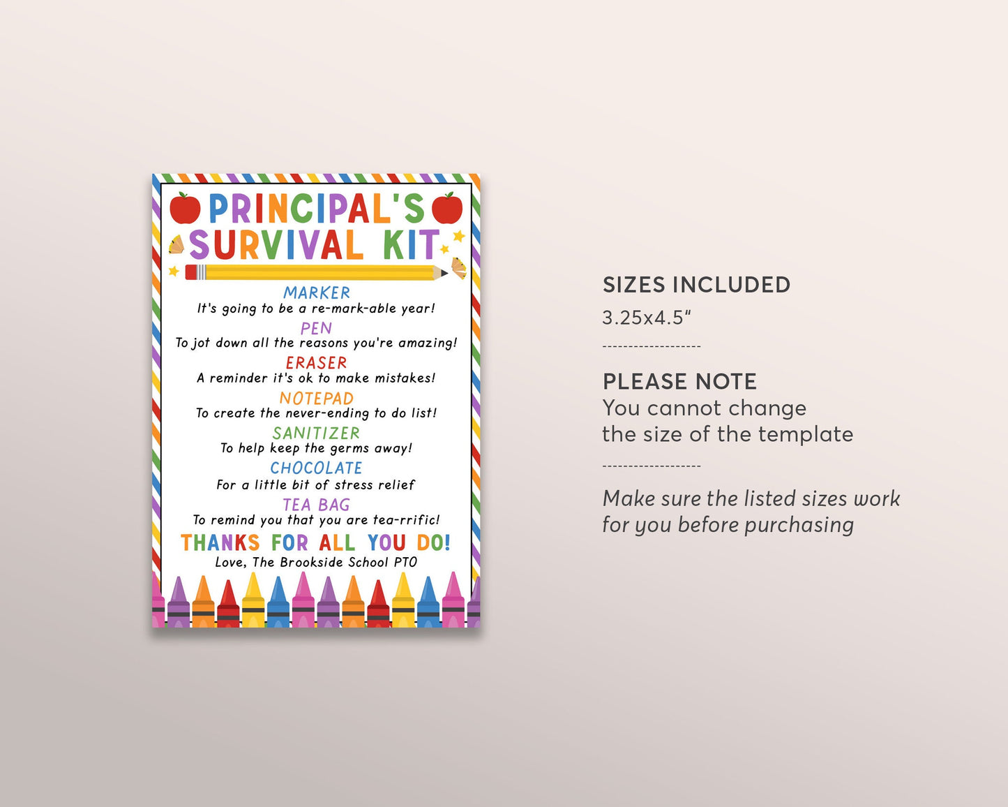 School Principal Survival Kit Editable Template, Principal Appreciation Day Thank You Gift Tags, Back to School Gift PTA PTO Printable