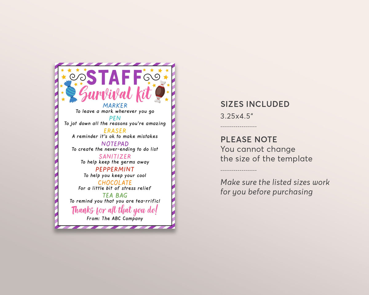 Staff Survival Kit Tag Editable Template, Employee Appreciation Week ...