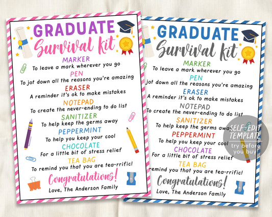 New Graduate Survival Kit Tag Editable Template, Graduation Gift Idea, College Survival Kit, Going Away to College Care Package Printable