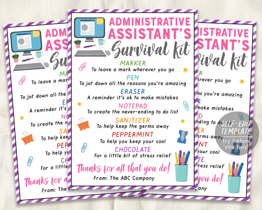 Administrative Assistant Survival Kit Gift Tags Editable Template, Administrative Professional's Day, Admin HR Secretaries Employee Day