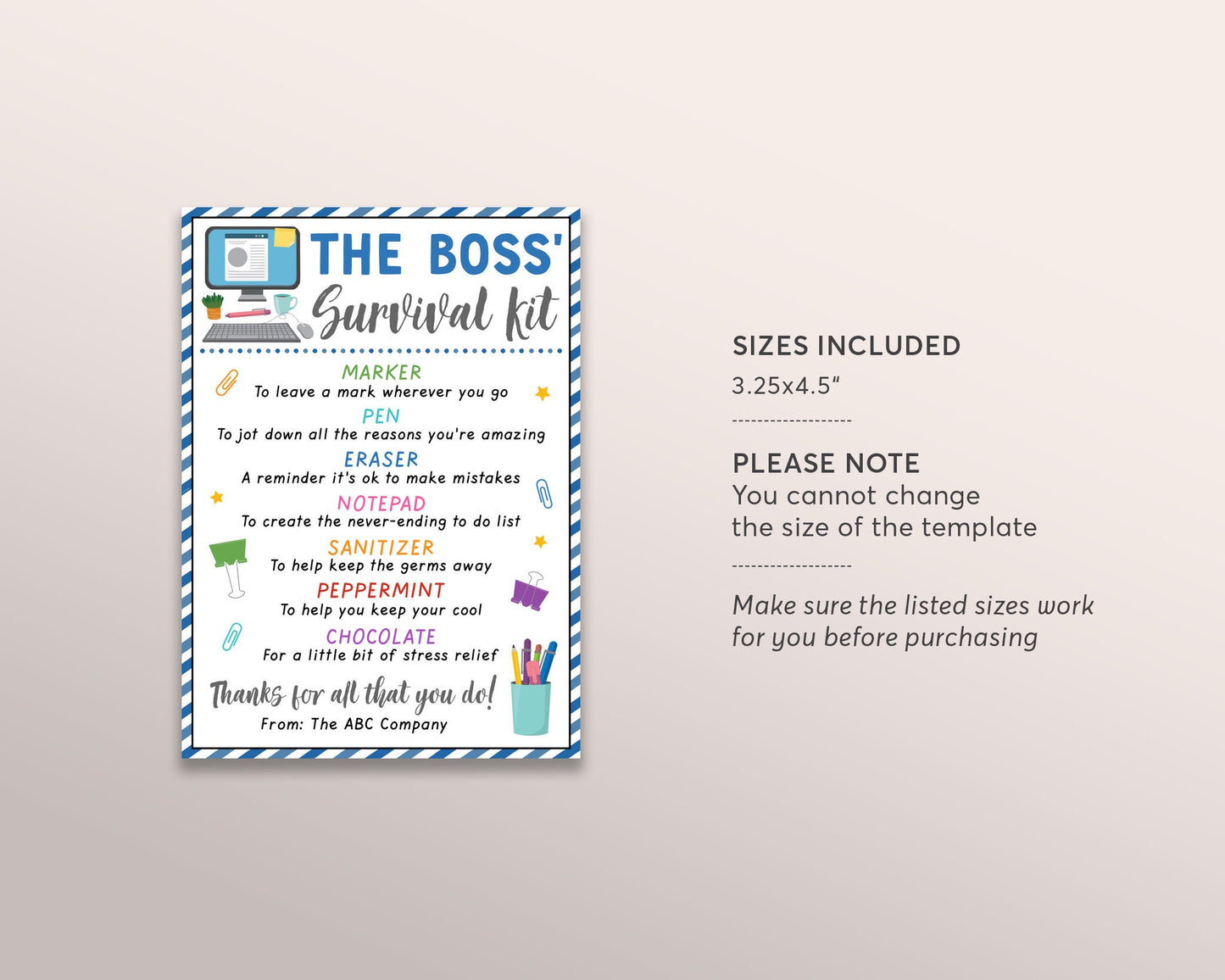 Boss Survival Kit Gift Tags Editable Template, Boss Appreciation Day, Manager Admin HR Office Gifts Ideas, Corporate Professional's Day