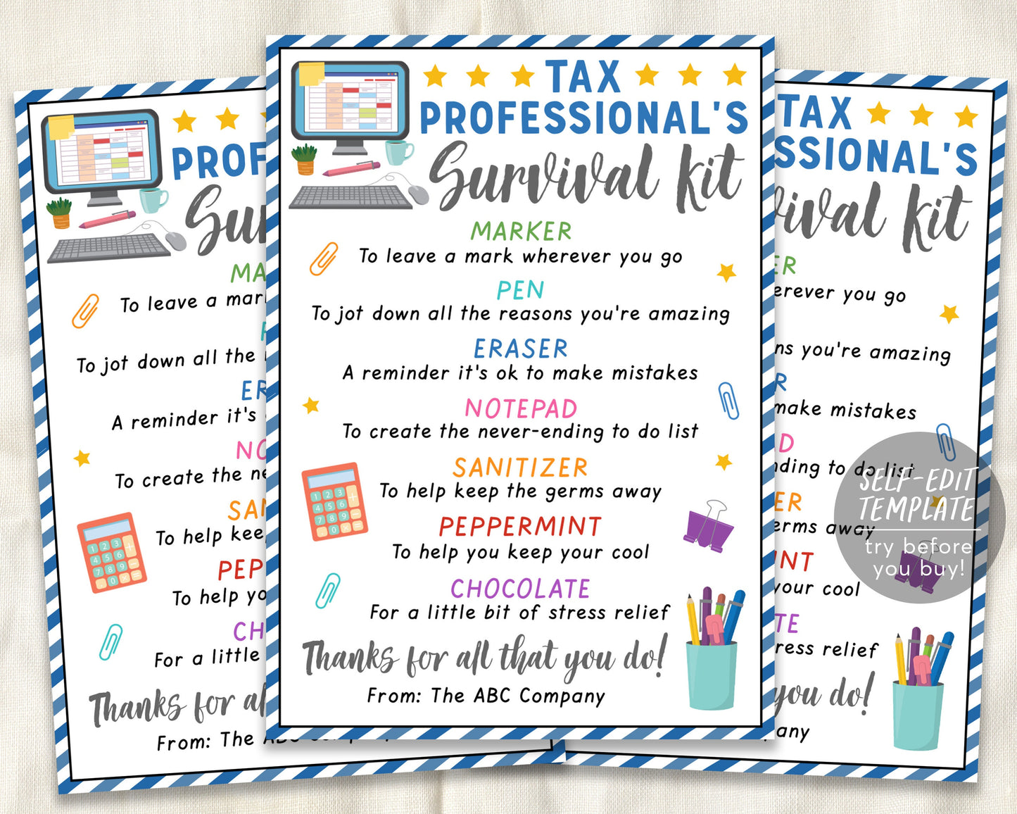 Tax Professional Survival Kit Gift Tags Editable Template, Accountant Tax Processor Favor Tag, CPA Accounting Professional's Day