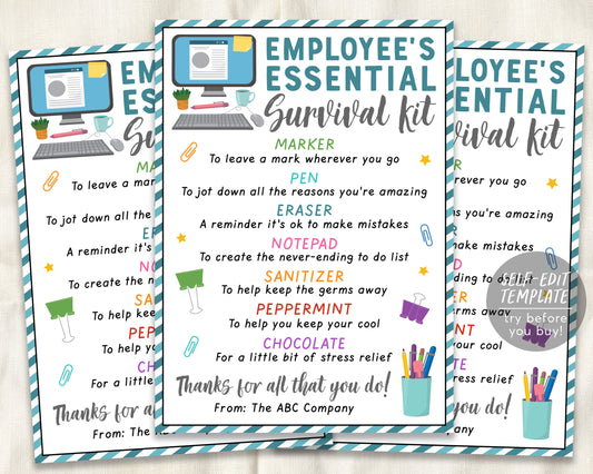 Employee Survival Kit Gift Tags Editable Template, Employee Appreciation Week Staff Welcome Gift Tags Treat Pack, Administrative HR Dept
