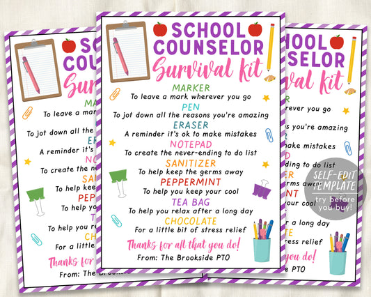 School Counselor Survival Kit Editable Template, Guidance Counselor Appreciation Week Thank You Gift Tags, Back to School Gift PTA PTO