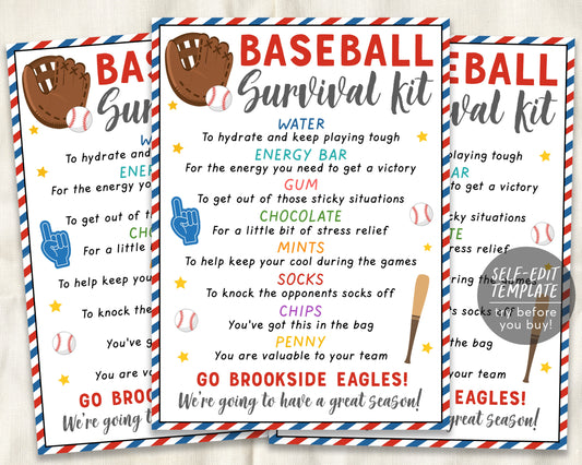 Baseball Survival Kit Gift Tags Editable Template, Baseball Player Team Gift Idea, Kids School Sports, Snack Treat Tags, Coaches Game Day