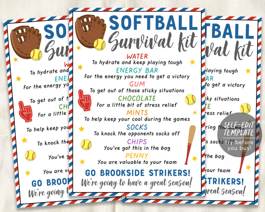 Softball Survival Kit Gift Tags Editable Template, Softball Player Team Gift Idea, Kids School Sports, Snack Treat Tags, Coaches Game Day