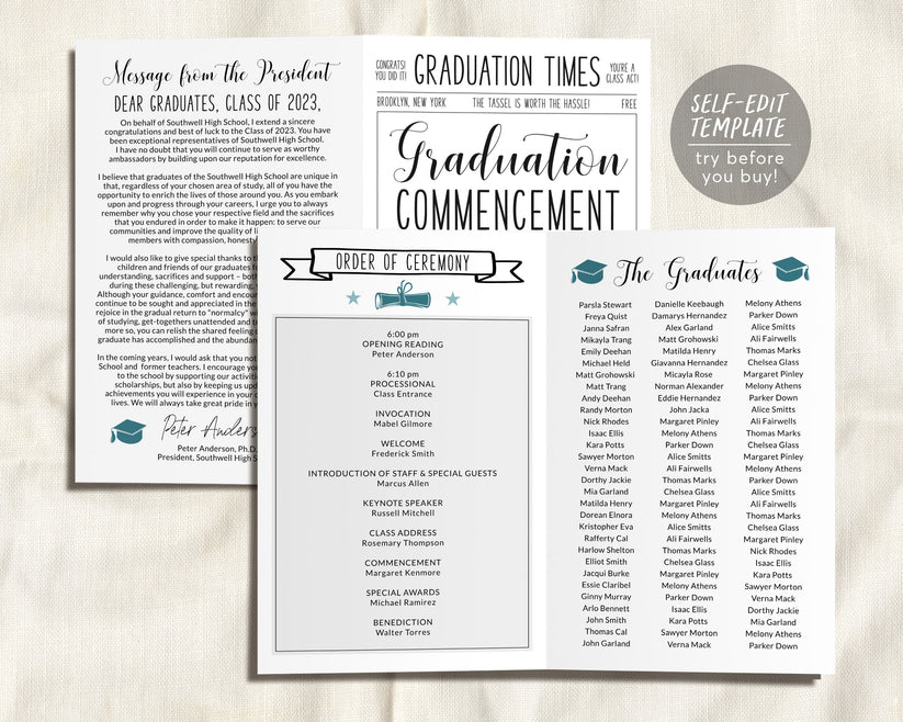 Graduation Program Editable Template, Pamphlet Booklet Newspaper High ...
