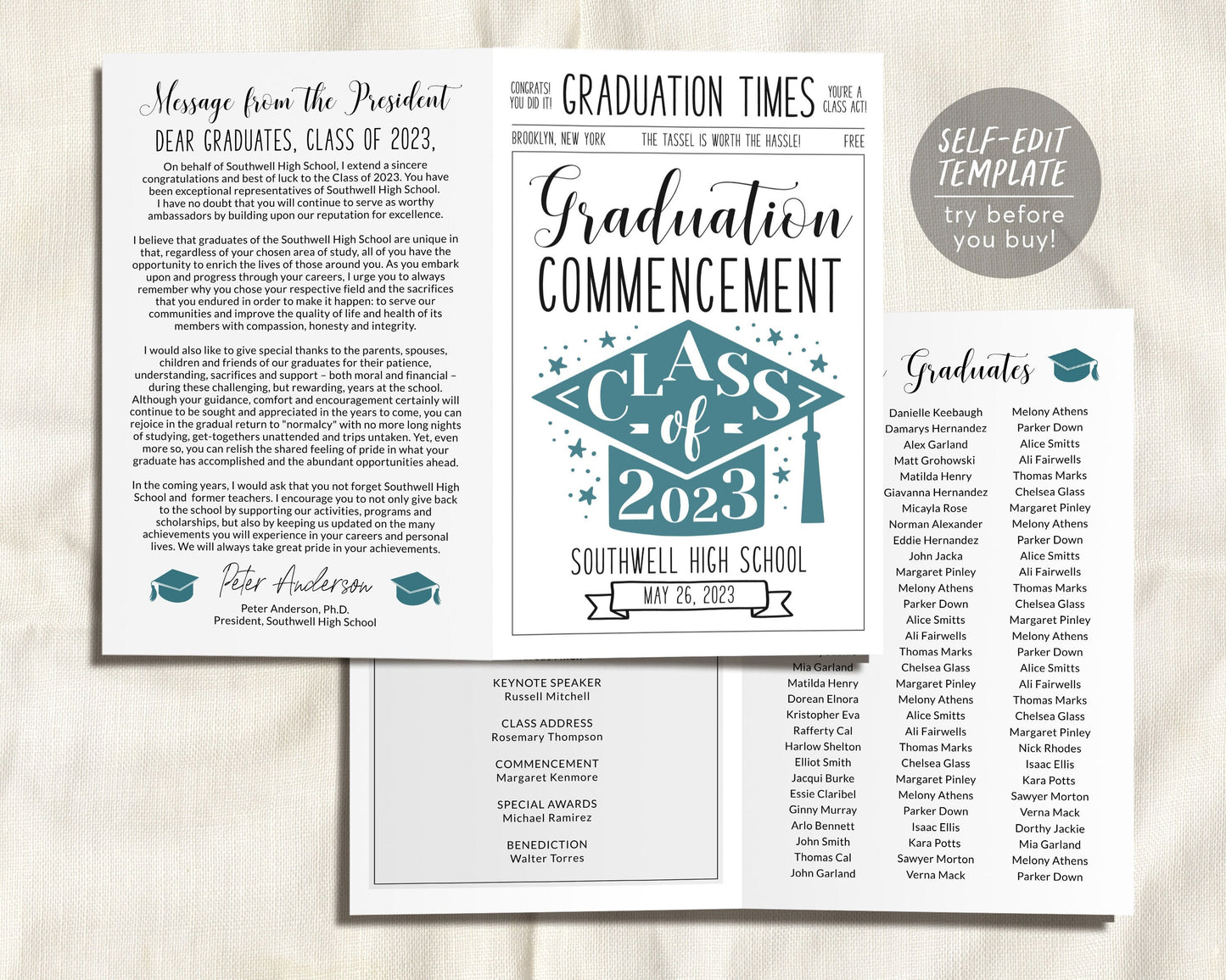 Graduation Program Editable Template, Pamphlet Booklet Newspaper High School Graduation, Commencement College Church 8th Grade Ceremony