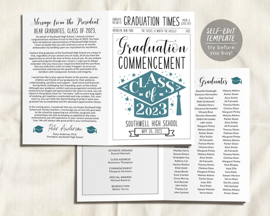 Graduation Program Editable Template, Pamphlet Booklet Newspaper High School Graduation, Commencement College Church 8th Grade Ceremony