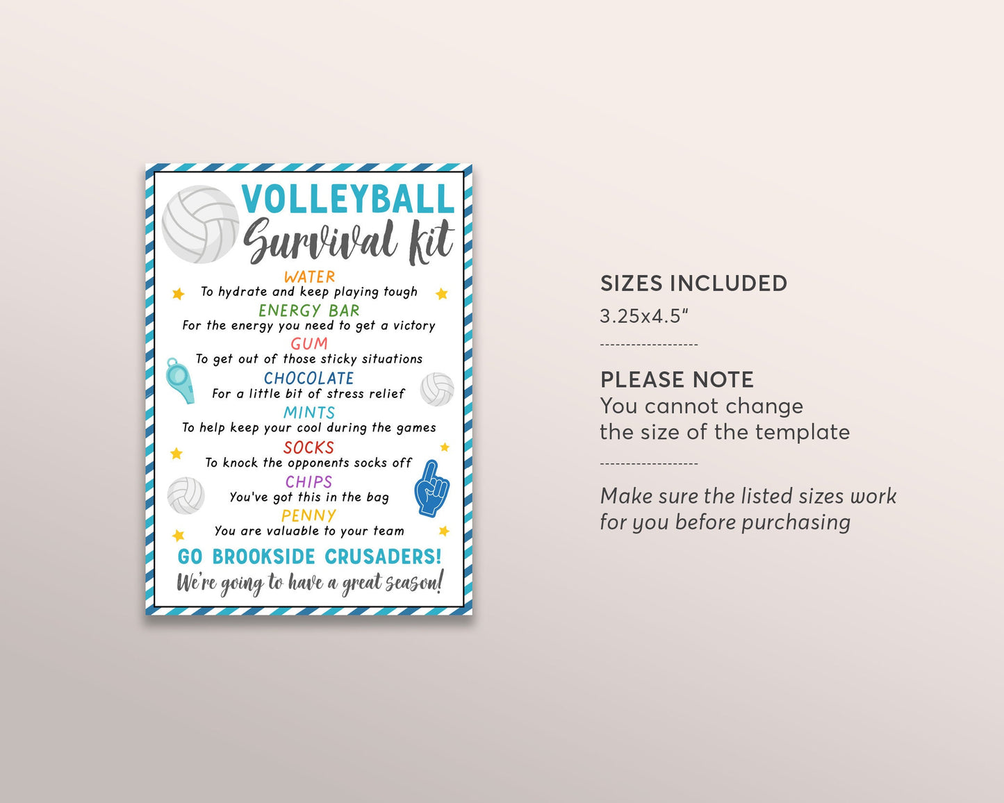 Volleyball Survival Kit Gift Tags Editable Template, Volleyball Player Team Gift Idea, Kids School Sports Snack Treat Tags Team Appreciation