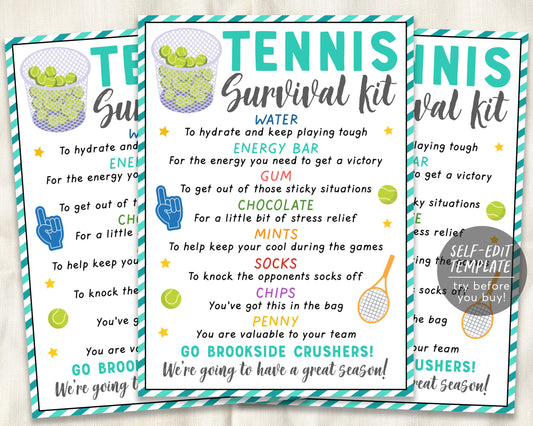 Tennis Survival Kit Gift Tags Editable Template, Tennis Player Team Gift Idea, Kids School Sports Snack Treat Tags Team Appreciation