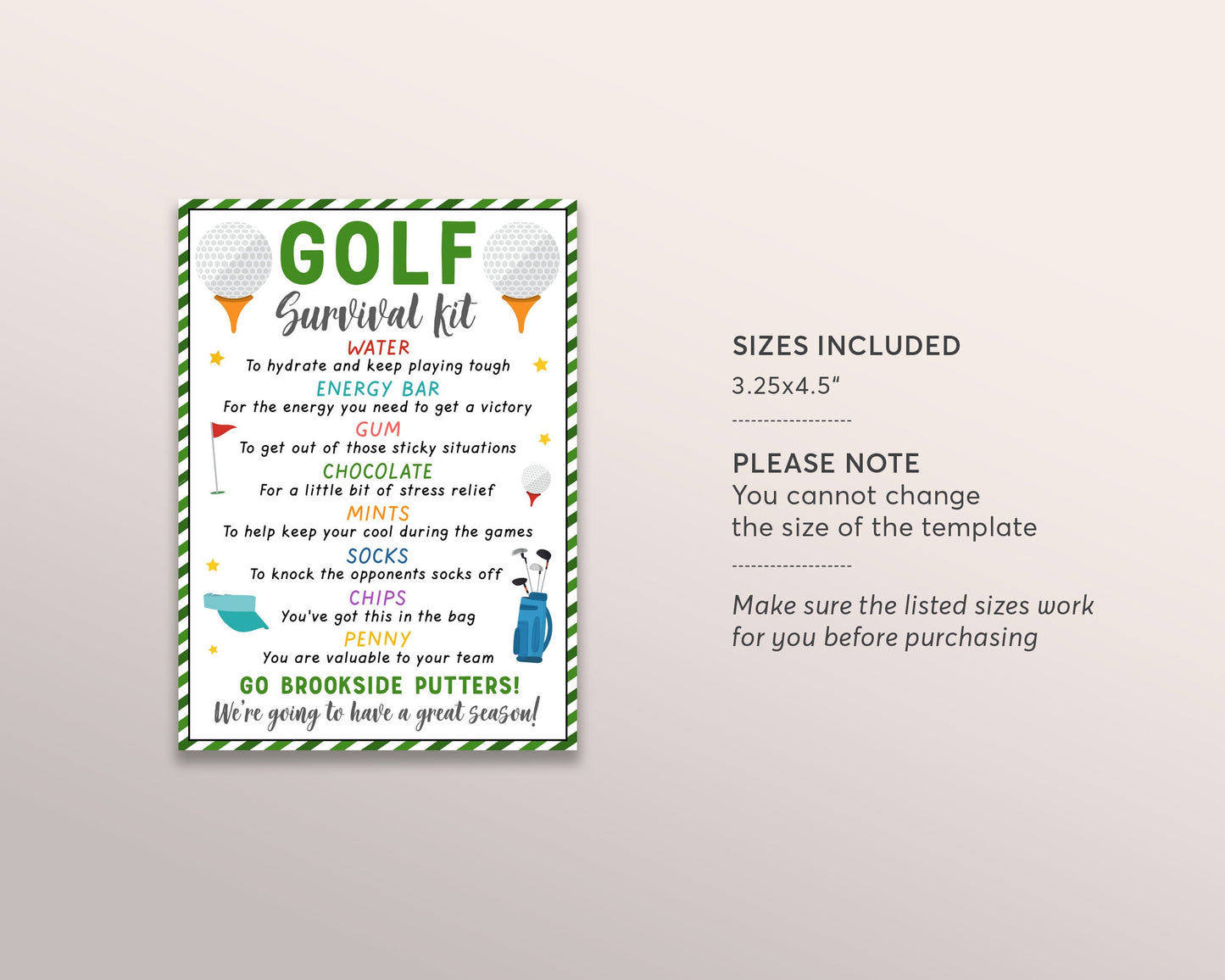 Golf Survival Kit Gift Tags Editable Template, Golfer Player Team Gift Idea, Golf Camp Tryouts Sports Snack Treat Tags Team Appreciation