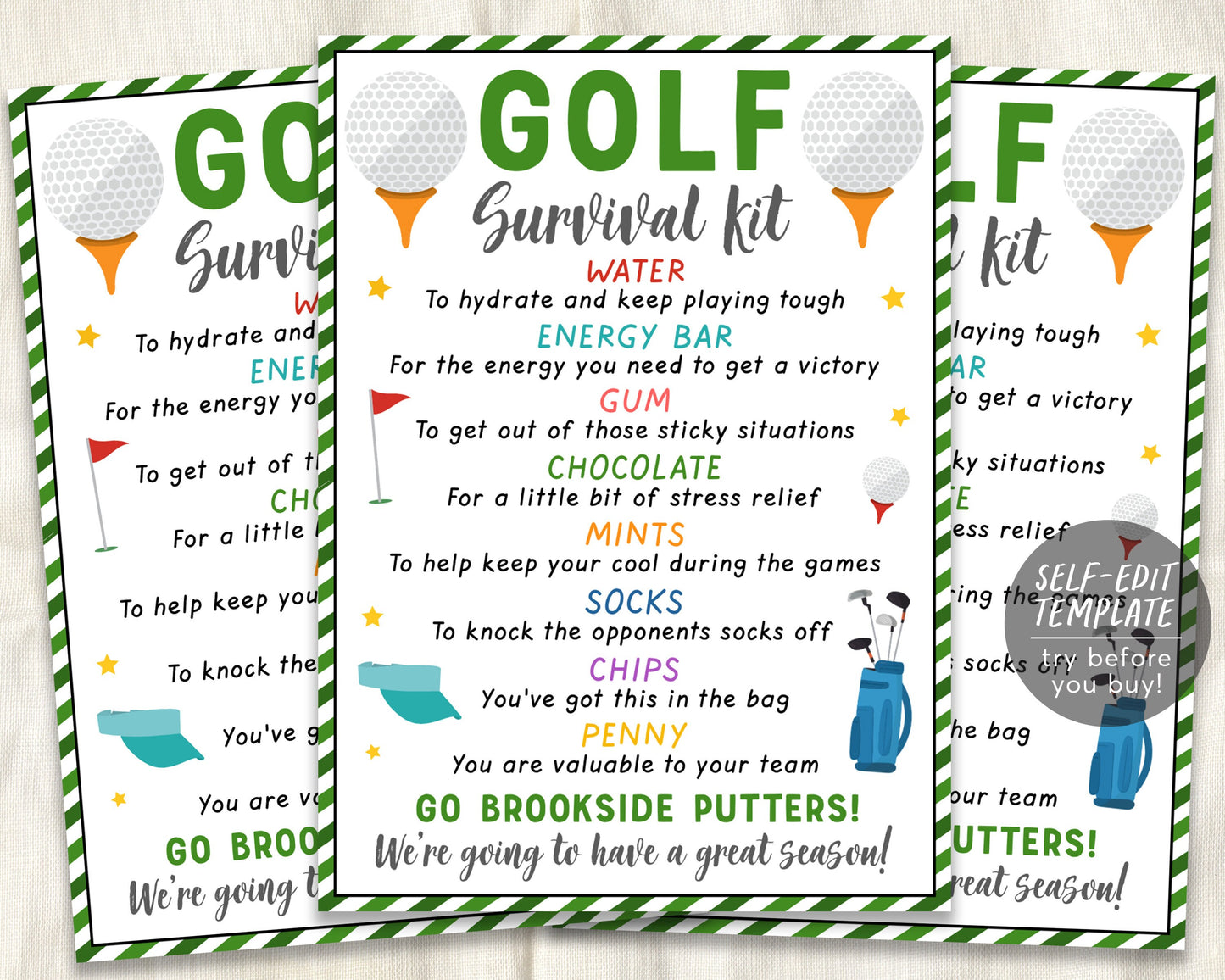 Golf Survival Kit Gift Tags Editable Template, Golfer Player Team Gift Idea, Golf Camp Tryouts Sports Snack Treat Tags Team Appreciation