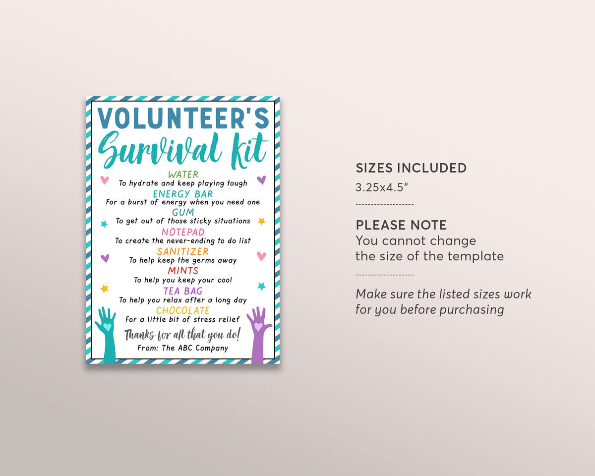 Personal Kit Tag Volunteer Survival Kit Gift Tags Editable Template, Volunteer Thank Yo ...