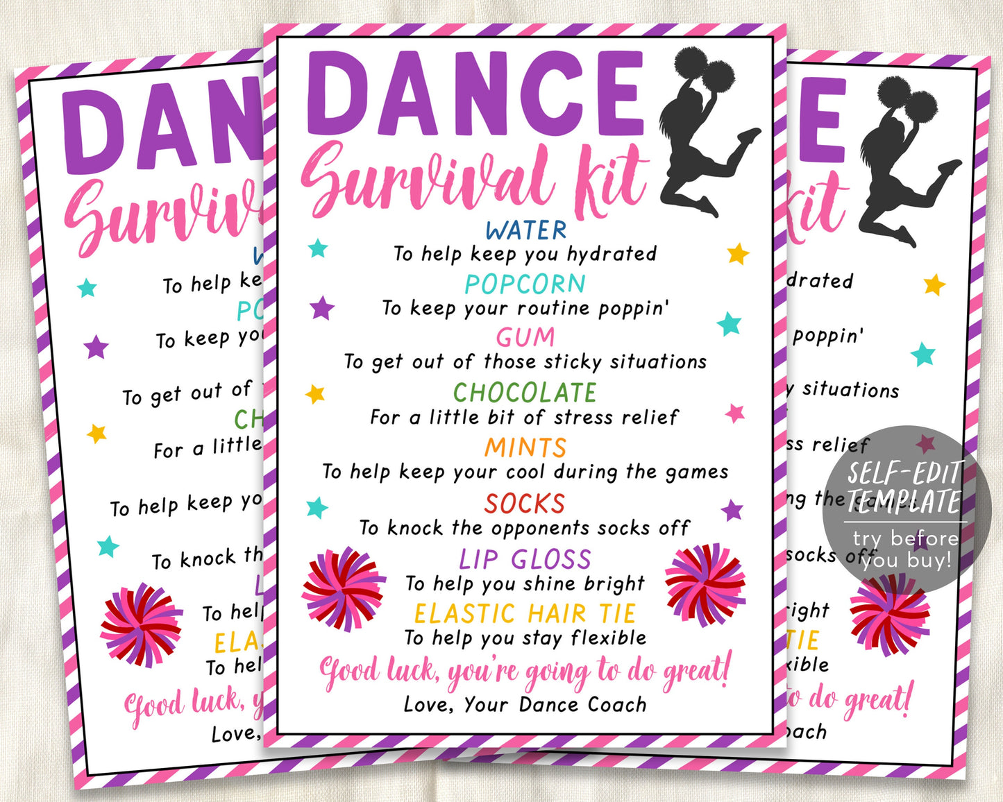 Dancer Survival Kit Gift Tags Editable Template, Dance Team Gift Idea, Dance Competition, Cheerleading Tryouts, Team Appreciation Good Luck