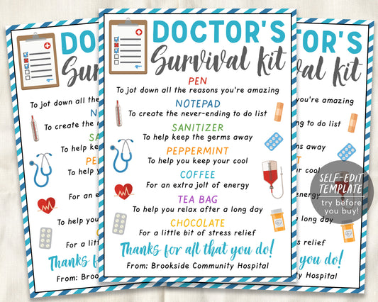 Doctor Survival Kit Gift Tags Editable Template, Doctor Appreciation National Doctors Day Thank You Gifts, Medical Staff Appreciation Week