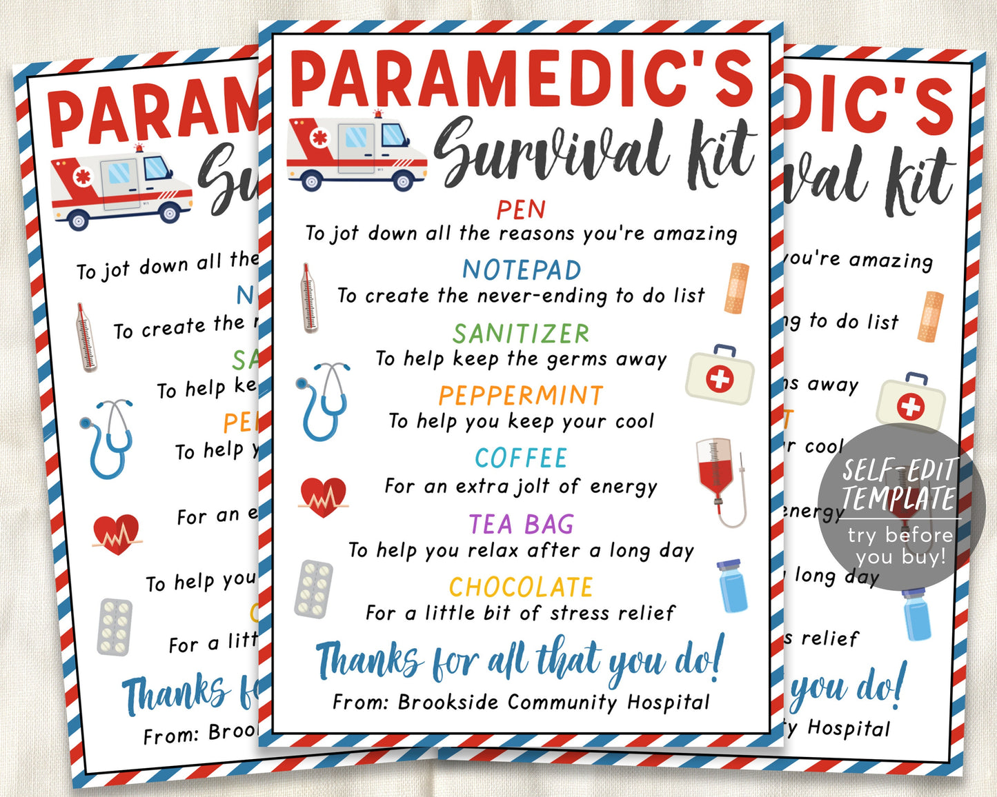 Paramedic Survival Kit Gift Tags Editable Template, First Responder Appreciation Thank You Gifts, Medical Staff Appreciation Week Printable