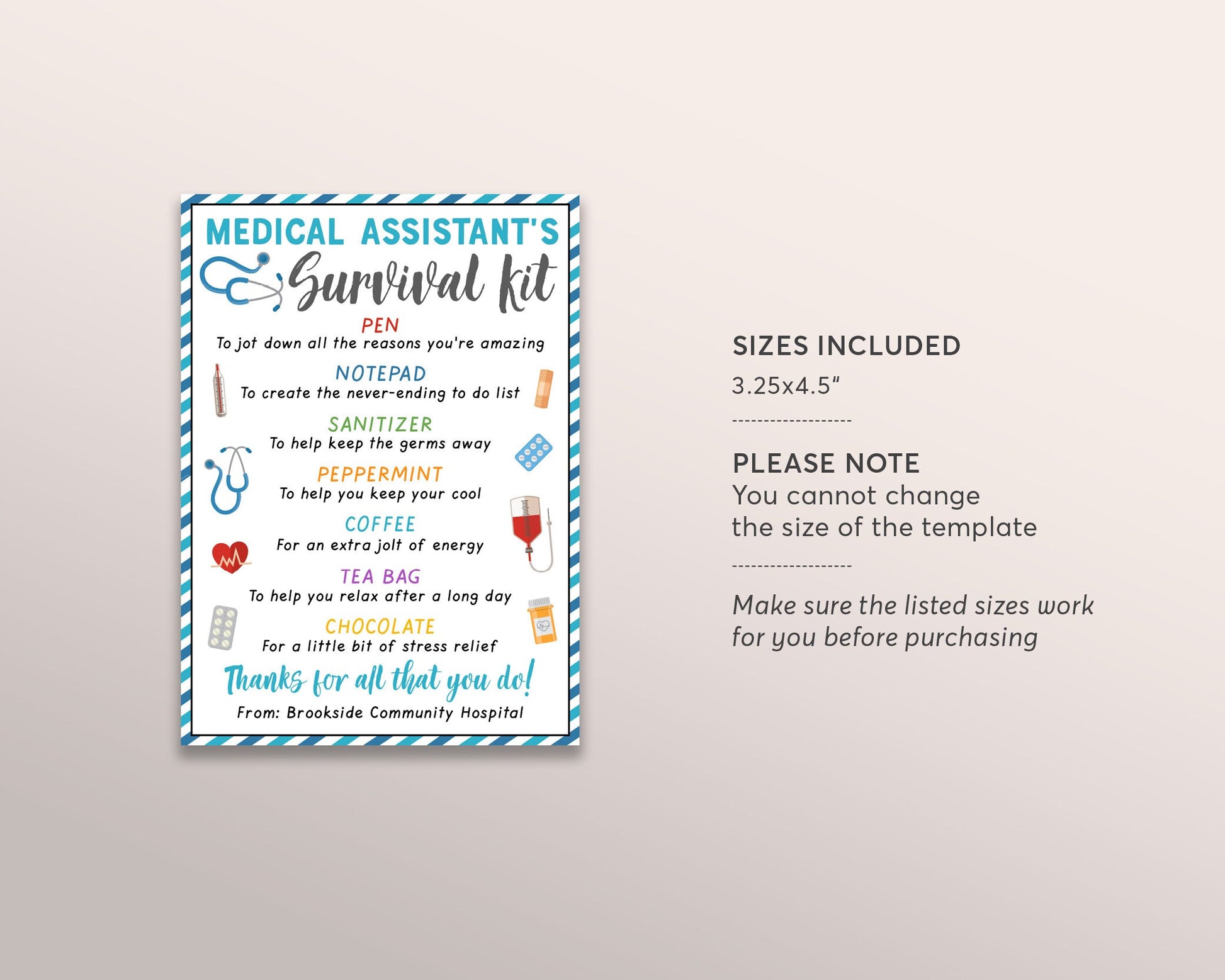 medical assistant survival kit gift tags editable template, cna nursing assistant, nurse appreciation national nurses day thank you gifts
