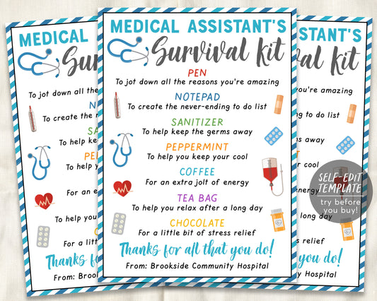 Medical Assistant Survival Kit Gift Tags Editable Template, CNA Nursing Assistant, Nurse Appreciation National Nurses Day Thank You Gifts