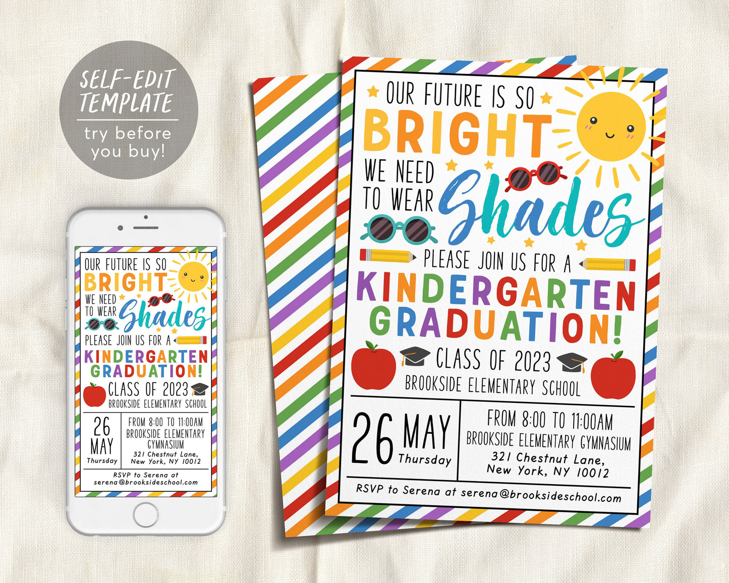 Kindergarten Graduation Invitation Editable Template, Preschool Class Graduation Ceremony, Our Future is Bright, Announcement Invite