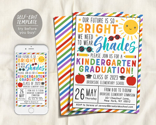 Kindergarten Graduation Invitation Editable Template, Preschool Class Graduation Ceremony, Our Future is Bright, Announcement Invite