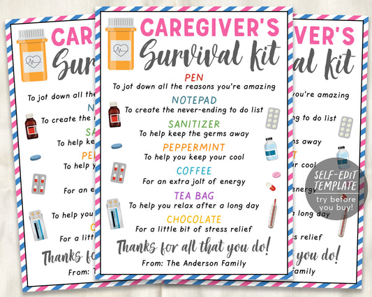 Caregiver Survival Kit Gift Tags Editable Template, Healthcare Worker Appreciation Thank You Gifts, Nurse Medical Staff Appreciation Week