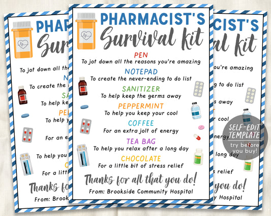 Pharmacist Survival Kit Gift Tags Editable Template, PharmD Pharmacy Pharmacy Graduates. National Pharmacist Day, Healthcare Appreciation