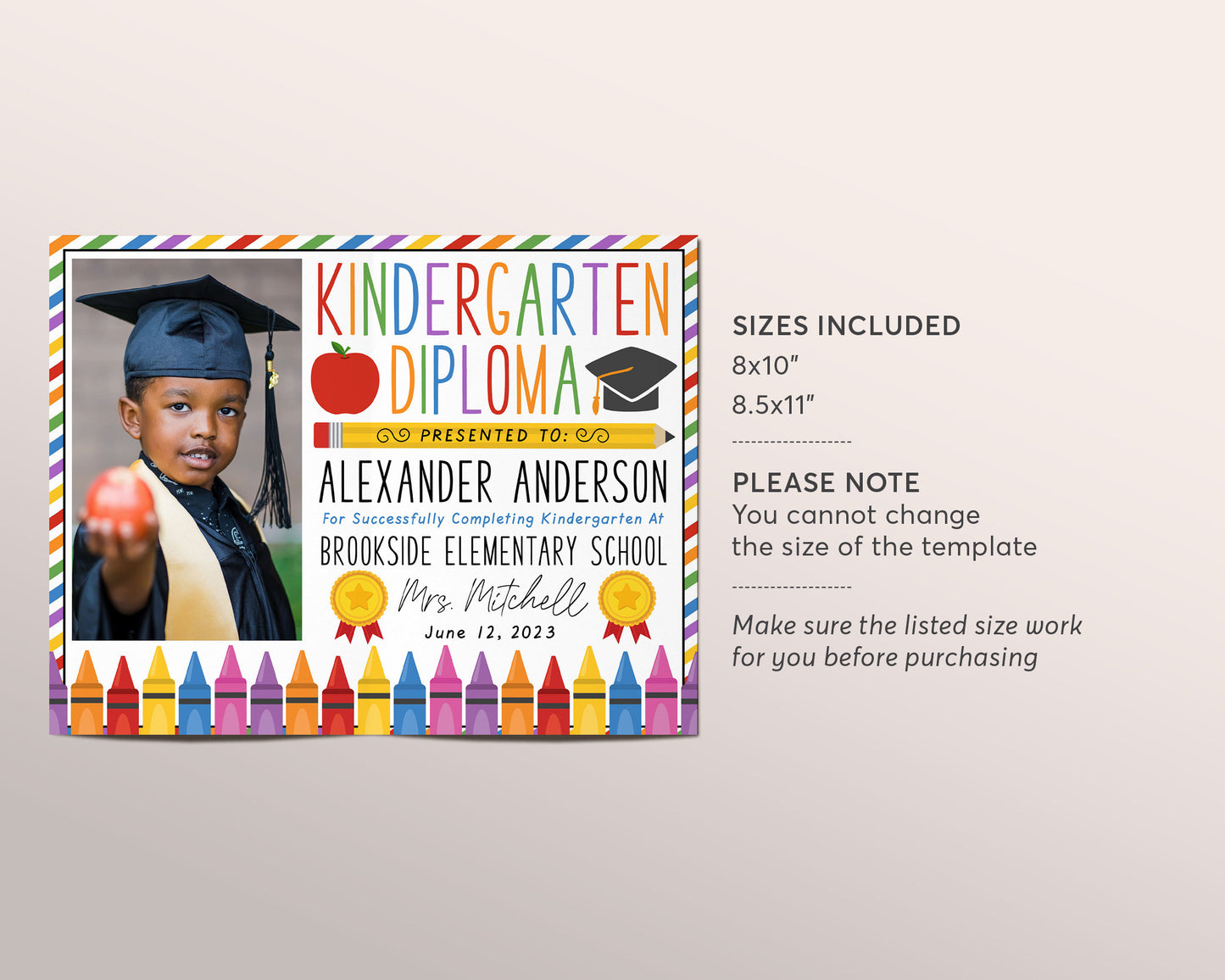 Kindergarten Graduation Diploma With Photo Editable Template, Kindergarten Certificate of Completion, Preschool PreK Ceremony Announcement