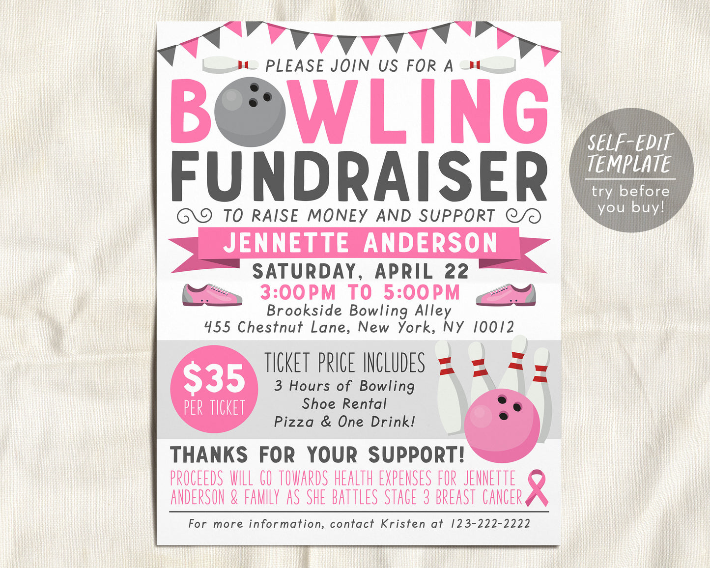 Cancer Bowling Fundraiser Flyer Editable Template, Breast Cancer Medical Fundraising Benefit Event, Bowling Night Invite, Nonprofit Charity
