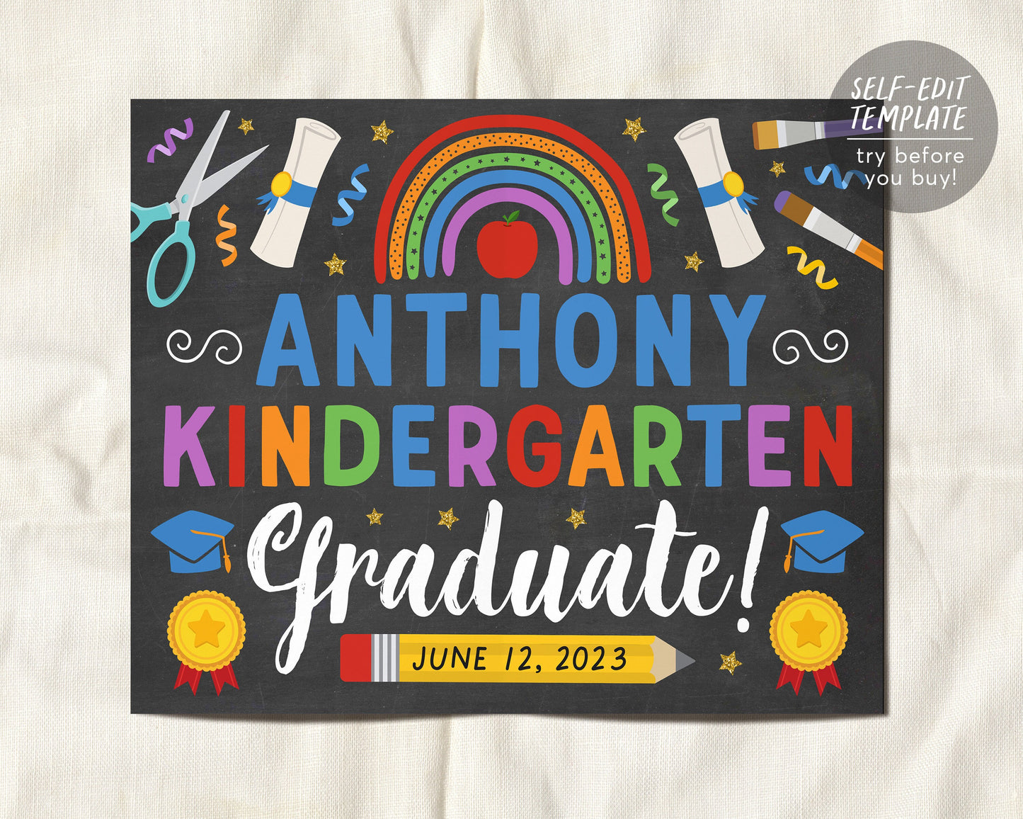 Kindergarten Boy Graduation Chalkboard Sign Editable Template, Pre K Graduation Poster Printable, Last day of School Photo Prop Personalized
