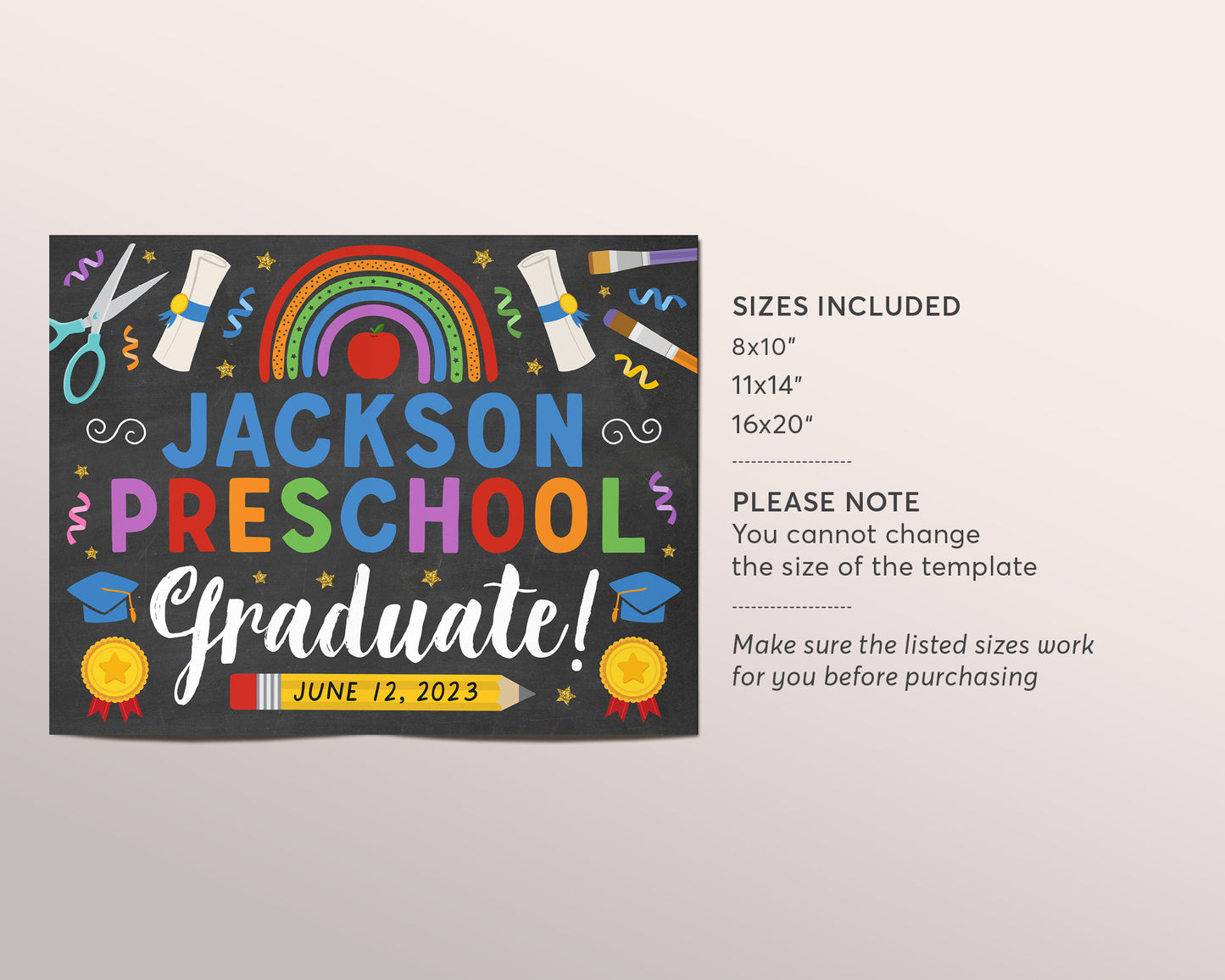 Preschool Boy Graduation Chalkboard Sign Editable Template, Pre K Kindergarten Graduation Poster Printable Last day of School Photo Prop