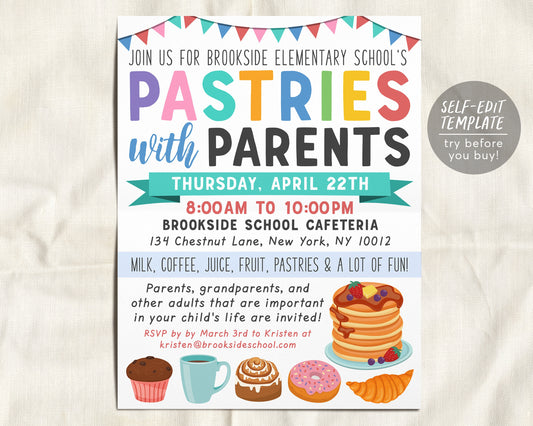 Pastries With Parents Flyer Editable Template, Breakfast Brunch Parent Appreciation, School Open House Event, PTO PTA Invitation Fundraiser