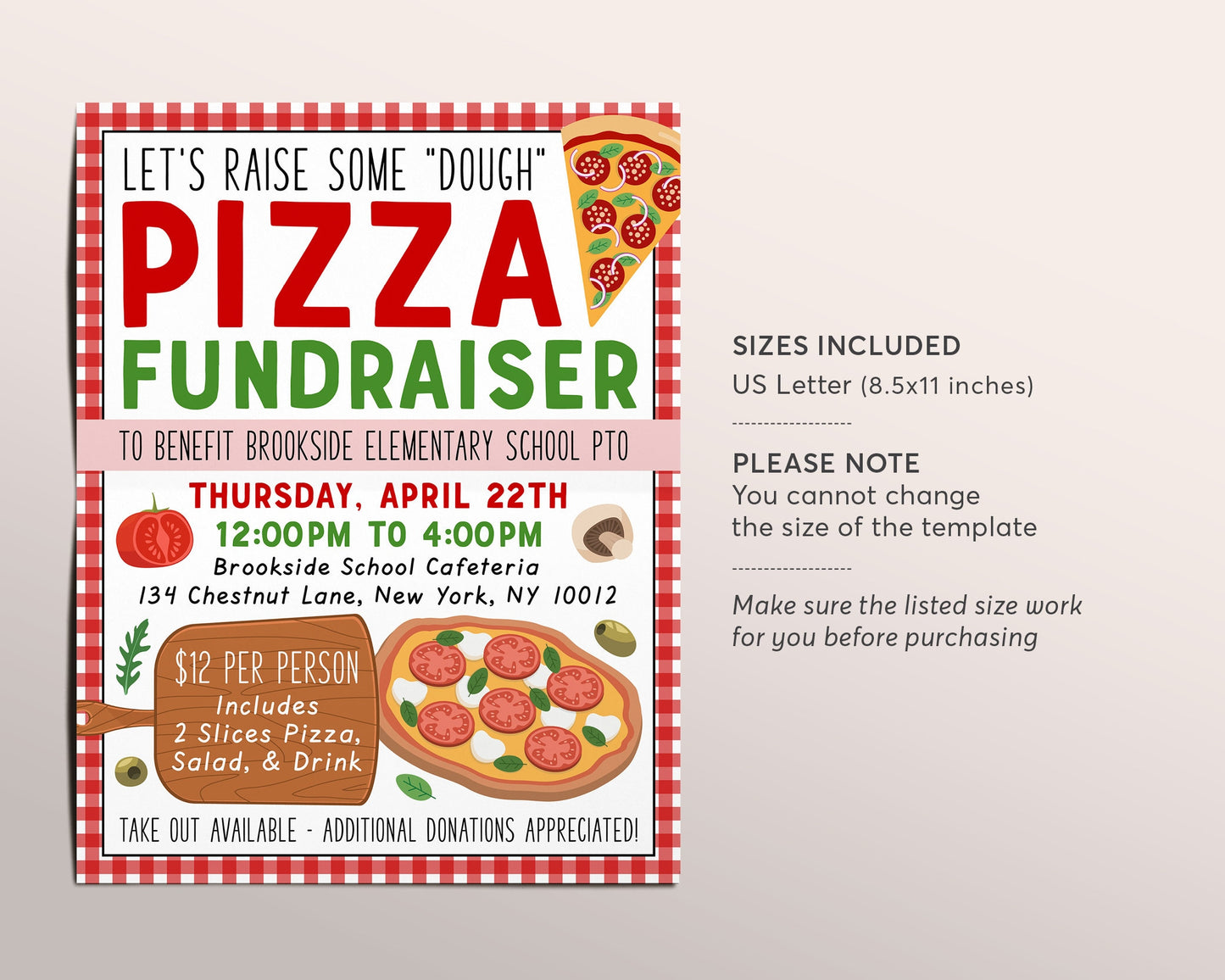 Pizza Fundraiser Flyer Editable Template, Pizza Italian Dinner Event Benefit, PTO PTA School Church Sports Function Community Charity