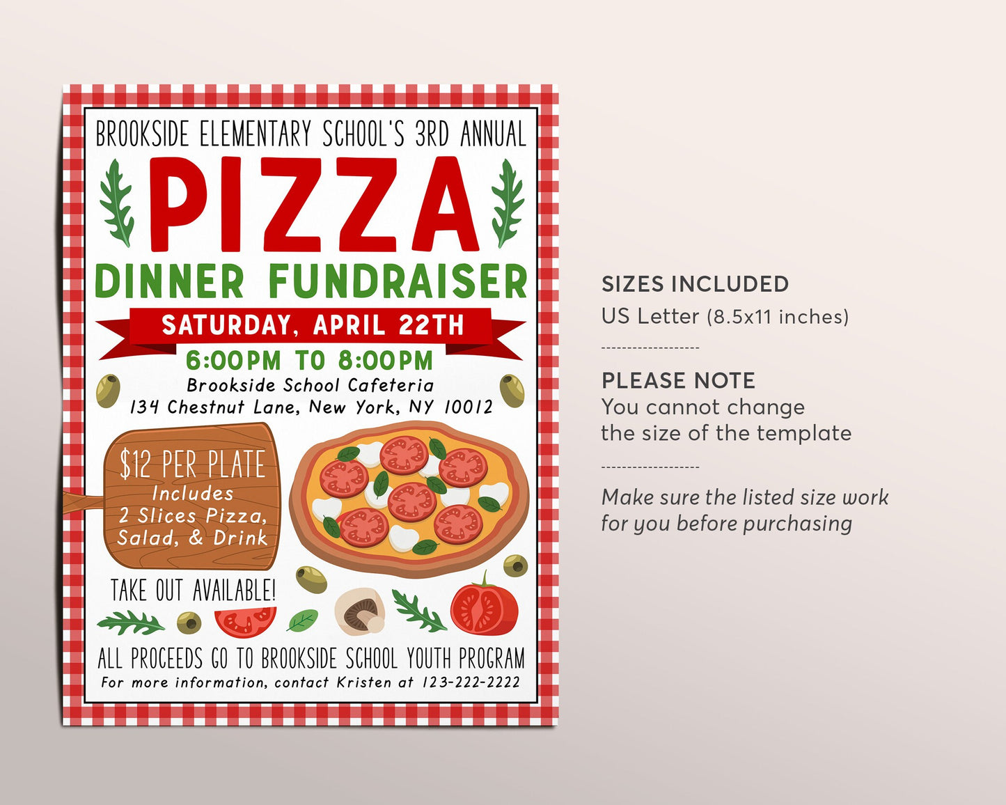 Pizza Dinner Fundraiser Flyer Editable Template, Pizza Italian Dinner Event Benefit, PTO PTA School Church Sports Function Community Charity