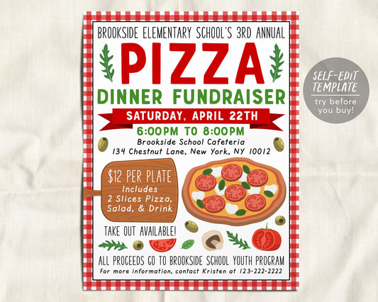 Pizza Dinner Fundraiser Flyer Editable Template, Pizza Italian Dinner Event Benefit, PTO PTA School Church Sports Function Community Charity