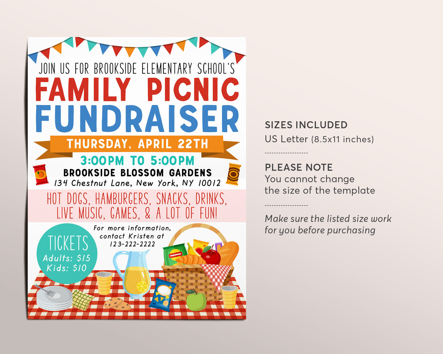 Family Picnic Fundraiser Flyer Editable Template, Spring Summer School Fundraiser Event, PTO PTA Church Sports Function Community Charity