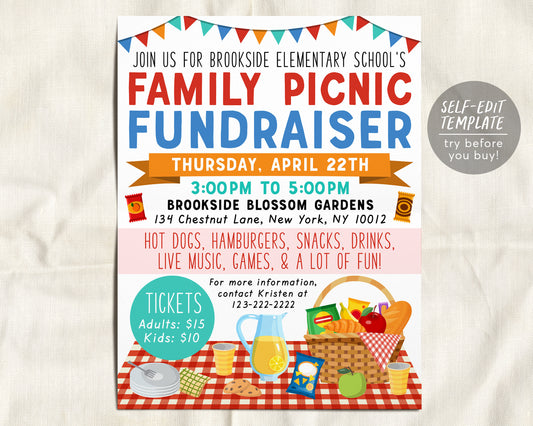 Family Picnic Fundraiser Flyer Editable Template, Spring Summer School Fundraiser Event, PTO PTA Church Sports Function Community Charity