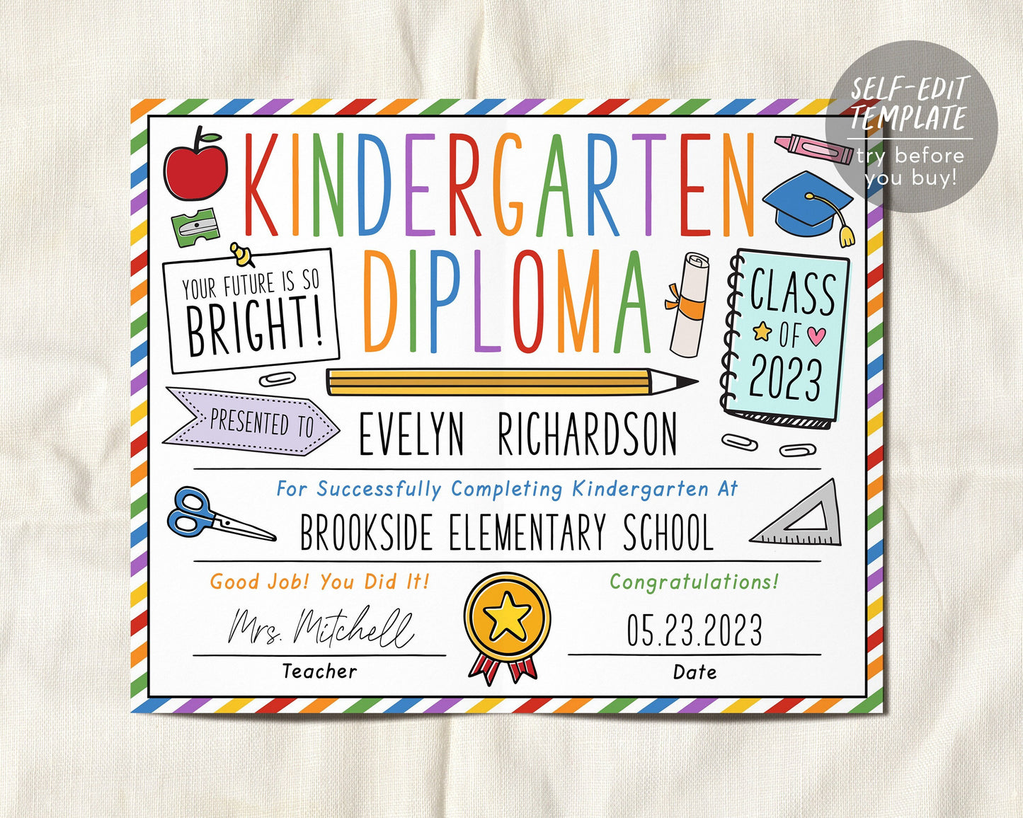 Kindergarten Graduation Diploma Editable Template, Kindergarten Certificate of Completion Printable, Preschool PreK Ceremony Announcement