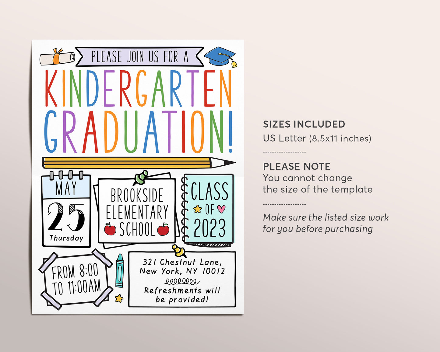 Kindergarten Graduation Invitation Flyer Editable Template, Preschool Class Graduation Announcement, Graduation Ceremony Invite Evite